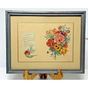 Vintage TO MOTHER Poem Art Deco Small Floral Bouquet Gold Teal Wood Glass Frame